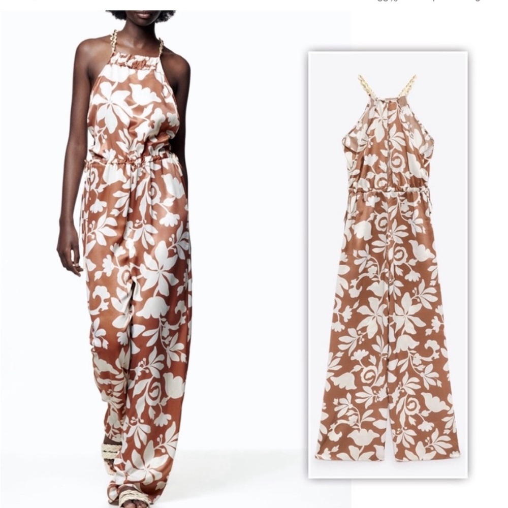 NWT ZARA jumpsuit romper brown white floral flowers silk maxi large
